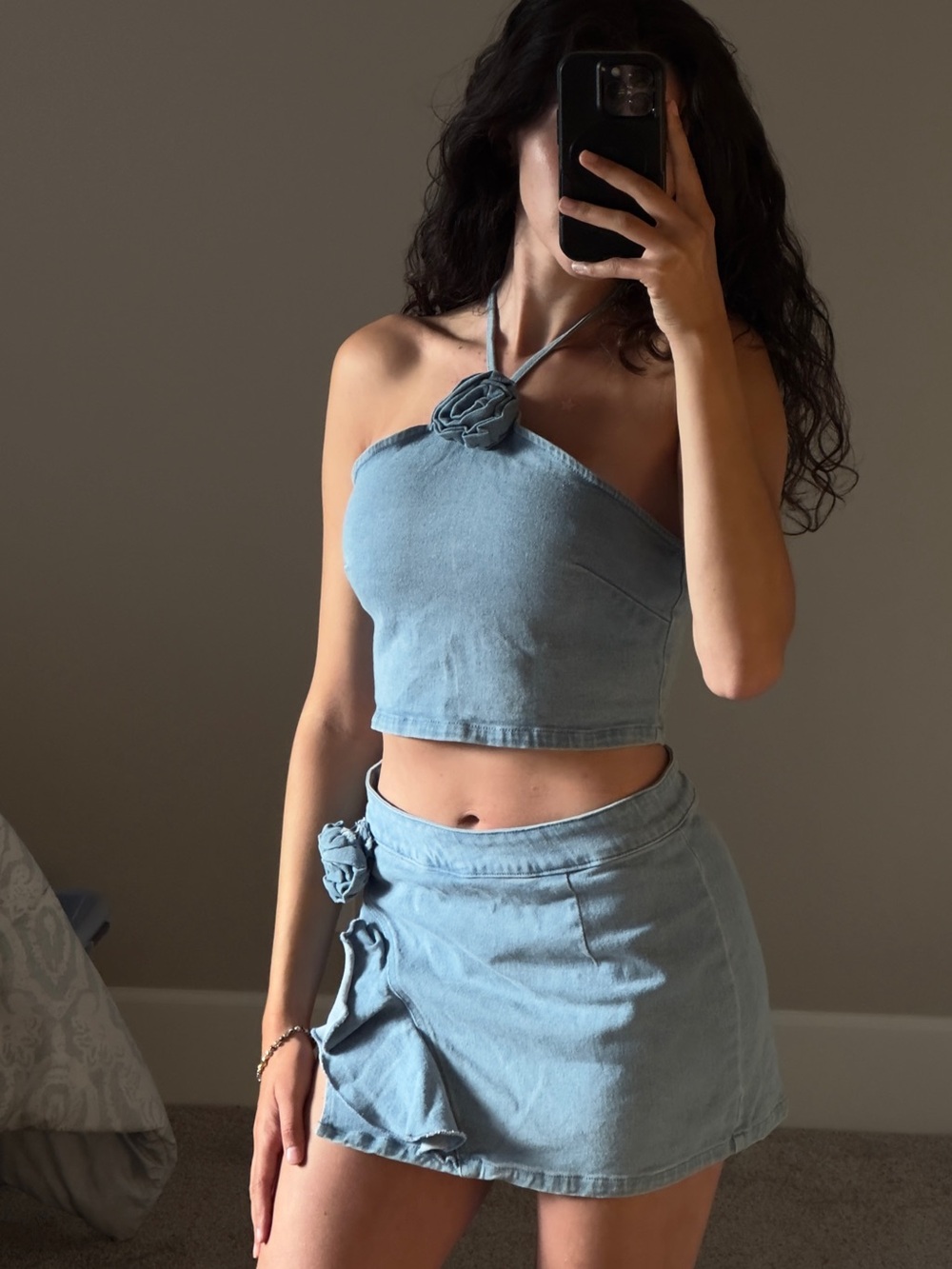 La Hearts Light Blue Denim Halter Mini Dress with Rosette Detail